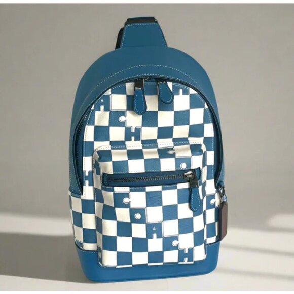 Coach West Pack Sling Bag Checker Blue Canvas Leather Sling Backpack CR294 - Picture 1 of 10